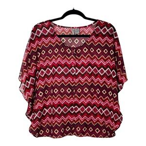 New Directions Weekend Red Chevron Geometric Kimono Button Down Blouse Womens M